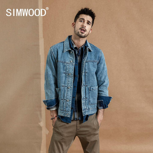 SIMWOOD 2019 autumn winter new denim jacket men cotton fashion ruched design streetwear coat plus size qualited jackets 190366