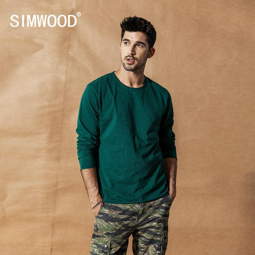 SIMWOOD 2019 Autumn Winter New Long sleeve solid t shirt men raw roll hem t-shirt Texture quality 100% cotton tops SI980585