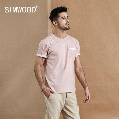 SIMWOOD 2019 summer new Layered chest pocket t-shirt men Melange vintage short sleeve fashion tshirt 100% cotton tops 190431