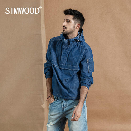 SIMWOOD 2019 Autumn New Half-zip Pullover Jacket Men Fashion Hoodie Denim Like Hooded Coats High Quality Jackets 190357