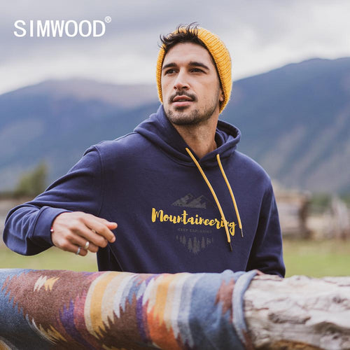 SIMWOOD 2019 autumn winter new hooded hoodies 100% cotton letter Mountain print contrast color  sweatshirts plus size SI980565