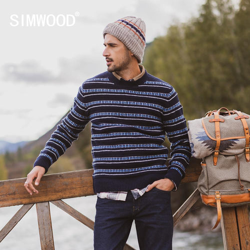 SIMWOOD 2019 Autumn Winter New Sweater men striped mix wool contrast color knitted pullover sweaters  190412